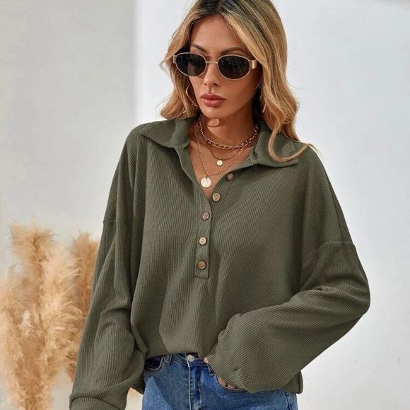 Half button, drop shoulder long sleeve shirt - Picture 2 of 2